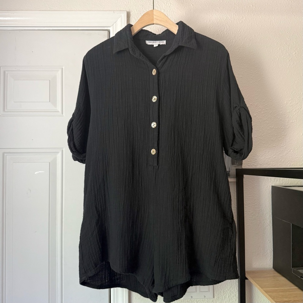 MAURIE + EVE black cotton gauze short sleeve button up romper